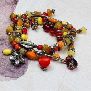 3 Beaded Bracelets Red Orange Yellow Silver